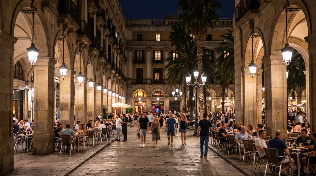 the arcaded palm-lined Plaça Reial at night, with Jamboree’s entrance below the square and warm streetlights on the stone arcades