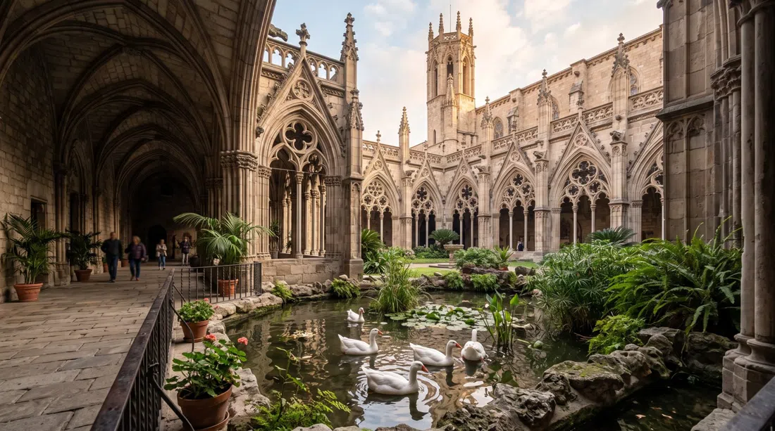 the Cathedral of Barcelona façade and cloister area at morning light, with stone tracery and resident geese in the shaded courtyard