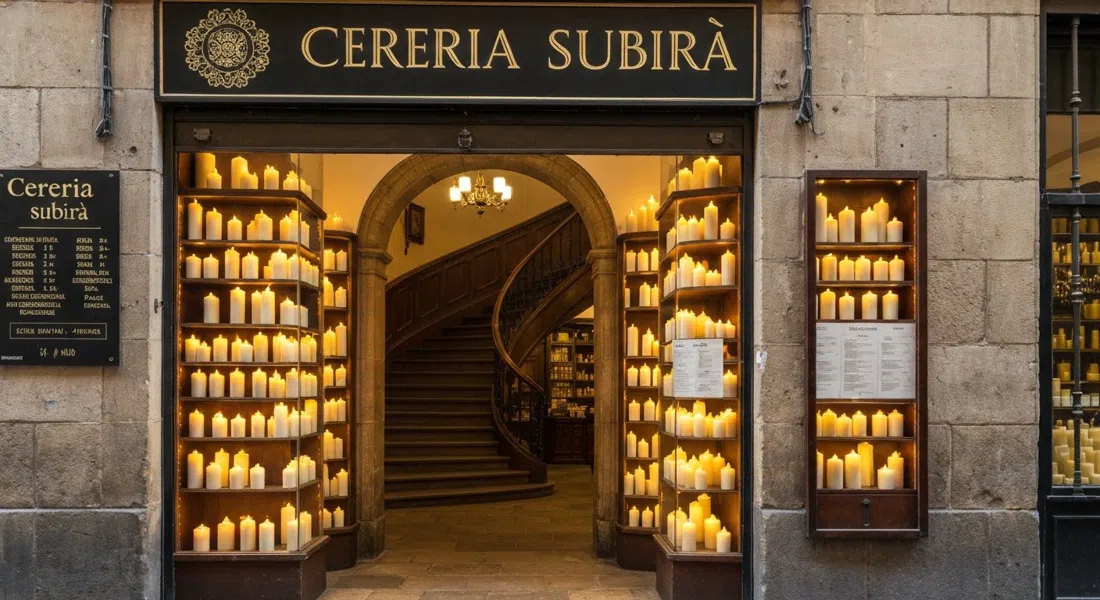 Cereria Subirà’s candle-filled shopfront on Baixada de la Llibreteria, with the curved baroque staircase visible inside