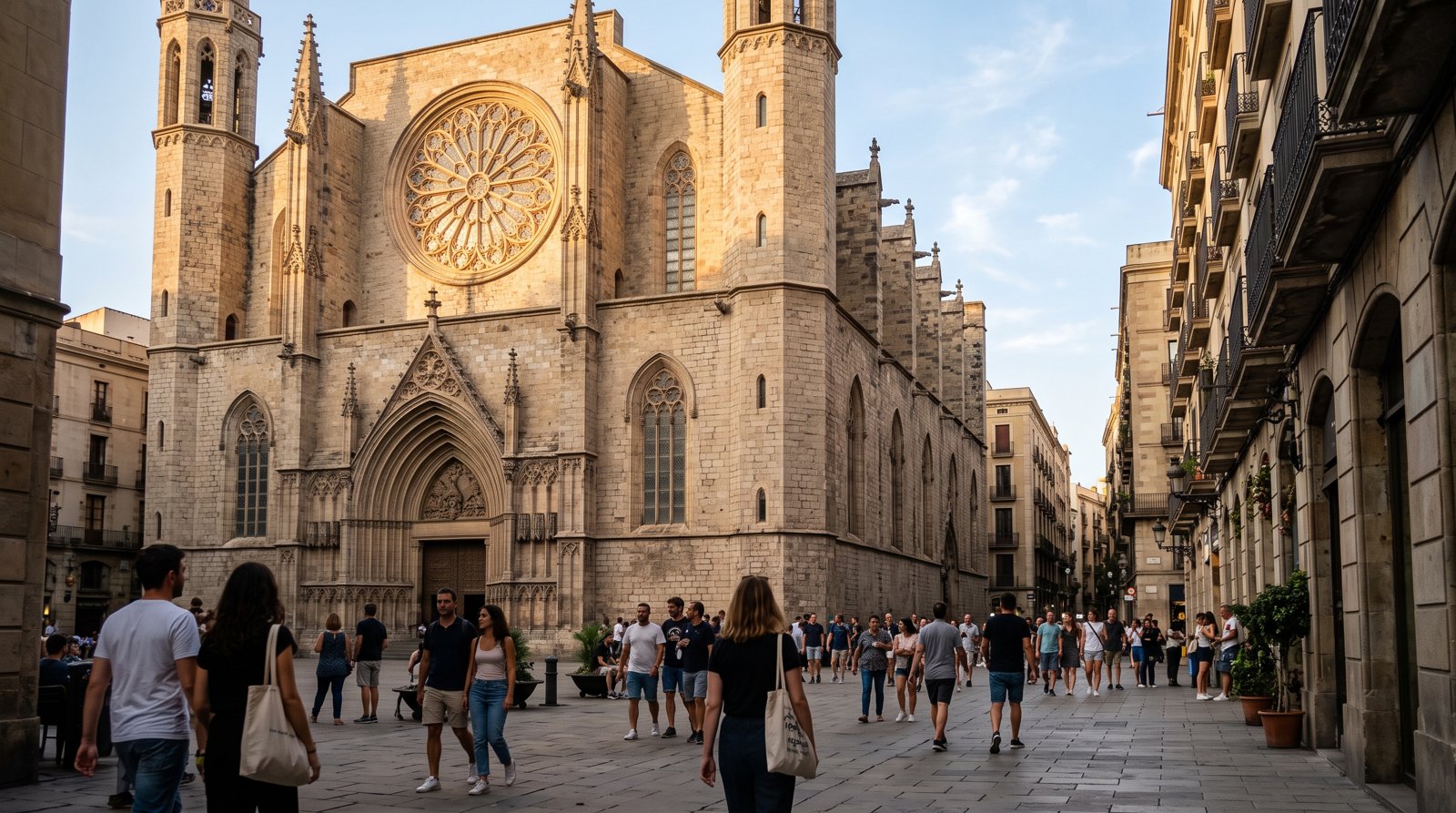 Santa Maria del Mar’s Gothic stone facade and rose window in late-afternoon light, with Passeig del Born beginning to fill with pedestrians