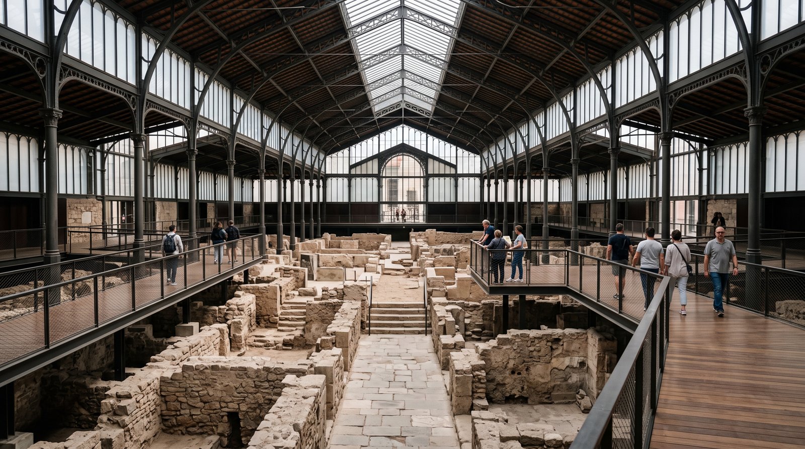 the iron-and-glass roof of El Born Centre de Cultura i Memòria above the archaeological ruins, with raised walkways and the exposed old streets below