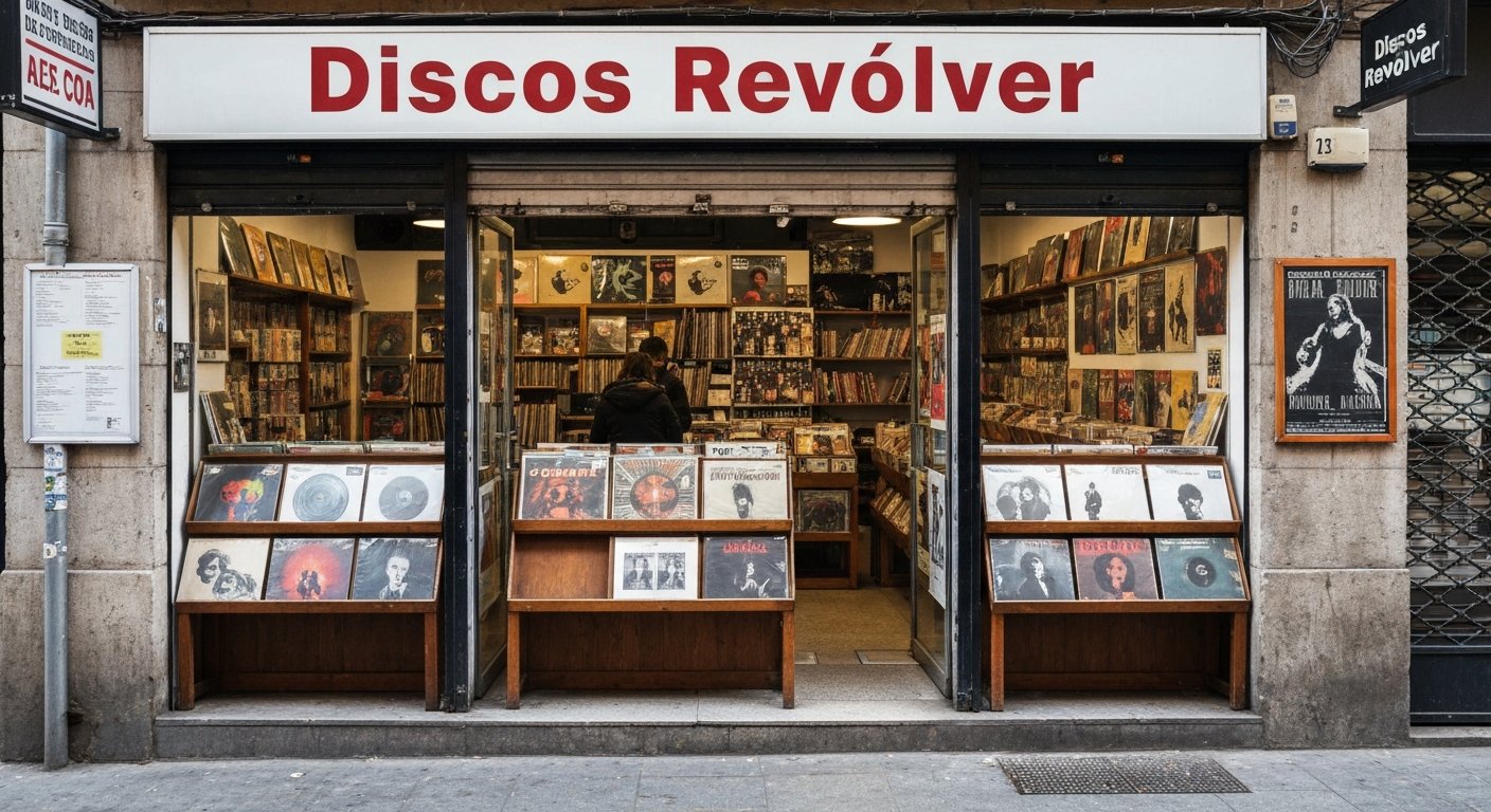 카레르 델스 탈레르스에 있는 Discos Revólver의 레코드 가게 전면, 진열창에 바이닐 자켓과 밴드 포스터